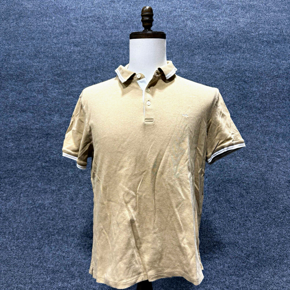 Michael Kors Polo Shirt Mens Large Beige Tan White Trim Short Sleeve MK Logo L